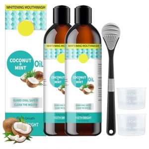 2 Pack Oil Pulling Coco, Huile de Noix de Coco, Bain de Bouche au Coconut Oil, avec Grattoir à Langue, pour Blanchiment Dentaire et Gencives Saines, Haleine Fraîche, Sans Alcool ni Fluor (8 Fl.Oz) (SIA KHERO, neuf)