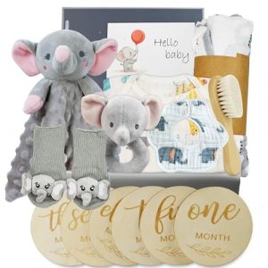 Auoketuo Coffret Cadeau Bébé 15 pièces – Couverture, body, hochet, anneau de dentition, brosse bois, cartes étapes, bavoir, chaussettes et boîte souvenir – Idéal naissance ou baby shower (GAJIGAJI, neuf)