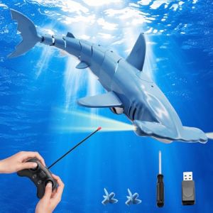 OBEST Jouet requin télécommandé 2,4 GHz RC Bateau requin Jouet sous-marin avec fonction de plongée, double piles, avec lumières LED, garçons et filles (Ying ding, neuf)
