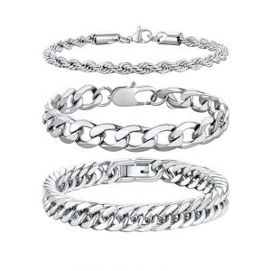 Richsteel Bracelets 3 Pcs 23cm Bracelet Homme Acier Inoxydable Maille Bijoux Gourmette Homme Argent pour Gar&ccedil;on (Richsteel Jewellery, neuf)
