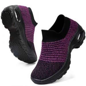 HKR Basket San Lacet Femme Chaussures de Orthopédique Marche Mode et Sport Travail Tennis Confortable Chic Femme Ultra LéGèRe Fitness Campus Slip on Enfiler Sneakers Noir Violet 43 (HKR Official Store, neuf)