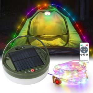 Brillistep Guirlande Lumineuses Solaire de Camping Extérieure Led RGB pour Tentes étanche IP65, Lampe Lanterne de Camping Solaire avec Guirlande Lumineuse Led RGB 10m (ANWE-EU, neuf)
