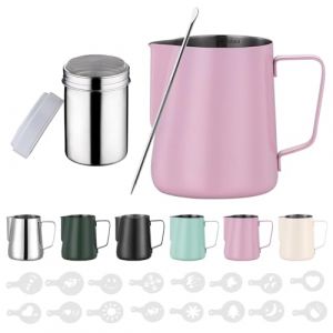 Zuquik Pot &agrave; Lait Barista en Acier Inoxydable de 350 ml Avec Mesure Mark 12oz, Pot &agrave; Mousse de Lait avec Saupoudreur de Cacao, 16 Pochoirs et Stylo pour Cappuccino et Expresso,Rose (ACE Fac, neuf)