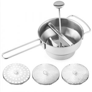 Navaris Presse-L&eacute;gumes Manuel - Moulin &agrave; L&eacute;gumes &Oslash; 20,5 cm en INOX - Passe-Vite Passoire avec 3 Grilles - Presse-Pur&eacute;e Soupe Compote pour B&eacute;b&eacute; (SX-Commerce, neuf)
