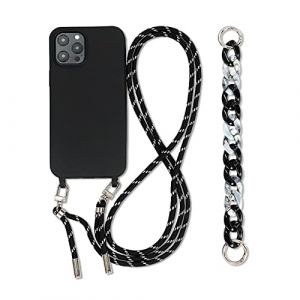 Emlivi Coque cha&icirc;ne de t&eacute;l&eacute;phone Compatible avec iPhone 14 Plus TPU &eacute;tui pour t&eacute;l&eacute;phone 3 en 1 Bracelet Lanyard en Silicone Souple avec Collier De Perles Coque pour iPhone 14 Plus, Noir (Emlivi, neuf)