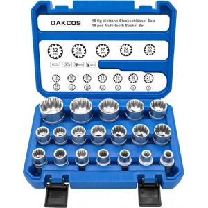 DAKCOS 19pcs 1/2' douille torx femelle XZN, douille 6 et 12 pans pour E10-E24, jeu de douilles multi-dents 8-32mm (DAKCOS-EU, neuf)
