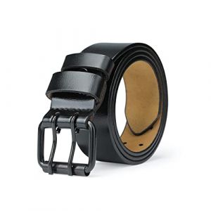 TEAMMAO Ceinture Homme Cuir 110CM-180CM Grande Taille Double Prong Boucle Ceinture de Travail Jeans Ceintures 3,8 CM Large avec Bo&icirc;te Cadeau.(Noir,Taille 140-145cm (Totale 160cm)) (TEAMMAO, neuf)