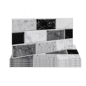 Fantasnight Stickers Adhésive Carrelage Noir Blanc 12 pièces pour Salle de Bains et Cuisine, Crédence Cuisine, Imperméables Carrelage Carreaux Adhésif Mural 30 x 15 cm (Fantastic home, neuf)