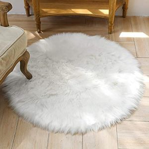 HEQUN Peau de Mouton synth&eacute;tique,Cozy Sensation comme v&eacute;ritable Laine Tapis en Fourrure synth&eacute;tique, Man-Made Luxe Laine Tapis de Canap&eacute; Coussin (Rond Blanc, 60x60 CM) (zpx, neuf)
