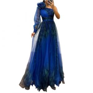 Robe Boheme Chic Mariage Invité Dentelle Boheme Maille Robe Longue Femme Chic Et Elegant Fleurie Fluide Vetement Ete Manchette à Une épaule Cocktail Portefeuille Coton Summer Dress(Bleu,XL) (uxxnjfg, neuf)