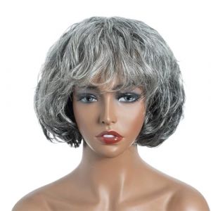 Wear and Go Glueless Perruque courte ondul&eacute;e Remy br&eacute;silienne de 25 cm avec frange, perruque bob gris argent&eacute; for femme (YANGJIANJUNUK, neuf)