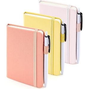 feela 3 Carnet de Notes de Poche A6 avec 3 Stylos Noirs, Page Lignée, Petit Carnet de Poche à Couverture Rigide avec Porte-Stylo, Bloc Note A6, 9x14cm, Couleur Pastel (Jaune Clair, Rosé, Orange Pâle) (Feela(E), neuf)