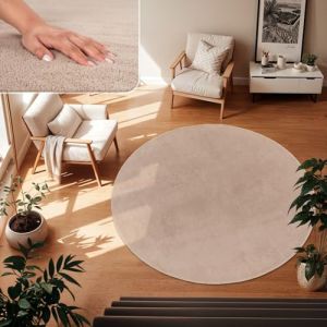 TT Home Tapis Poil Ras Tapis De Salon Monochrome Design Moderne Lavable, Couleur: Beige, Dimension:200 cm Rond (marche-de-tapis, neuf)