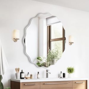 GIOVARA Miroir Mural Miroir Mural d&eacute;coratif &agrave; Suspendre ⌀50 cm Miroir &agrave; Vagues irr&eacute;guli&egrave;res Miroir Industriel Moderne Miroir de Salle de Bain pour Salle de Bain,lavabo,Salon,Chambre &agrave; Coucher(Blanc) (JeuneDora, neuf)
