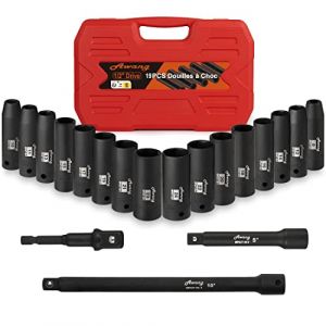 Awang 19pcs Jeu de coffret douilles à choc 1/2",8-24mm douilles à impact CR-V?3'',5'',10''barres d'extension avec 3/8'' à 1/2'' Adaptateur de clé à douille inclus (AWANG EU, neuf)