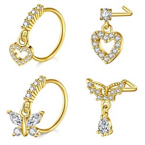 Mayhoop Piercing Nez 20G 4 Pièces Anneaux Studs pour Acier Chirurgical Piercing Doré avec CZ en Forme de L de Nez Bijoux de Piercing pour Femme Homme (Mayhoop, neuf)