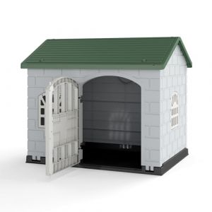 GYMAX Niche pour Chien en Plastique Imperméable, Abri pour Chiot Intérieur et Extérieur, 3 Fenêtres et Porte Verrouillable, pour Petits et Moyens Chiens, 75x58x65cm (Vert) (GYMAX EU, neuf)