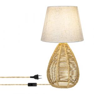 Lampe de table avec prise et interrupteur Lampe de Chevet E14 rétro Abat-jour tissé lampe de bureau Base tressé en rotin de Bohème Lampe de lecture avec câble de 1,5 m pour chambre à coucher salon (1) (Raellen, neuf)