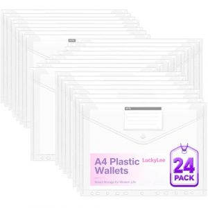 24 Pochettes Plastiques Perfor&eacute;es A4, Transparent Pochette Classeur A4 Refermable avec Bouton Pression, Transparentes Porte-Document Classables avec 11 Bords Perfor&eacute;s pour &eacute;tiquettes pour Classeur (SuperWestai, neuf)