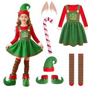 Solorass Costume Deguisement Lutin pour Enfant Costume d'elfe Tenue Elfe No&euml;l avec Robe Ceinture Chaussettes Chapeau Oreilles d'elfe pour No&euml;l F&ecirc;te Cosplay (Fille, 150) (OMEGA DESIGN ONLINE S.R.L., neuf)