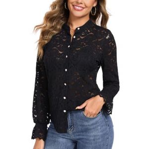 WOWENY Chemisier en dentelle pour femme &agrave; manches longues - Chemisiers &eacute;l&eacute;gants - Col montant - Chemisier en dentelle - Haut en dentelle - D&eacute;contract&eacute; - Chemisier - Chemise transparente, Noir , M (Naughty Fashion Mode, neuf)