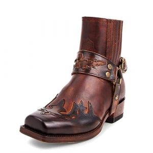 BINDT Bottines Western pour Hommes Boucle Sangle Bottes R&eacute;tro Cuir Bout Carr&eacute; Cowboy Bottes Courtes Cowboy Moto Bottes,Marron,41 (anyanghehuijianzhulaowu, neuf)