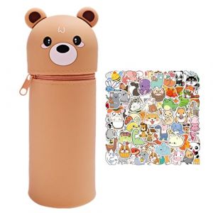 Trousse Scolaire Animal Trousse Ecole 2 en 1 en Silicone Souple avec Animal Autocolant - Kawaii Trousse à Crayons Scolaire Enfant Étui École Fourni (Ours) (Baipin, neuf)