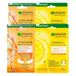 Garnier SkinActive Masque Hydra Bomb pour les Yeux contre les Cercles Noirs avec Jus d'Orange et Acide Hyaluronique Effet Glace 4 Patchs + Vitamine C Masque Visage en Tissu Hydratant Éclaircissant 2 (Eurocali, neuf)