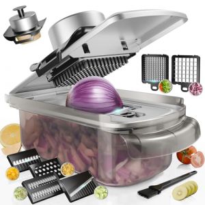 Coupe Legumes, Coupe de légumes de mandoline en acier inoxydable 9 en 1, Coupe d'aliments pour la cuisine, Coupe de légumes avec conteneur, Coupe de salade, Coupe de carotte et d'ail, Oignon et fruits (Eosarcu-EU, neuf)