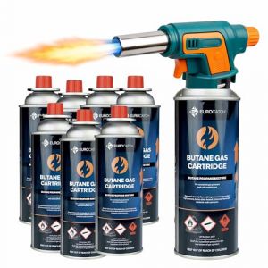 Eurocatch Chalumeau a Gaz 1300&deg;C - Allumage Electrique - Puissance Reglable - Set avec 8x Cartouche Butane 227g (Raven Intl., neuf)