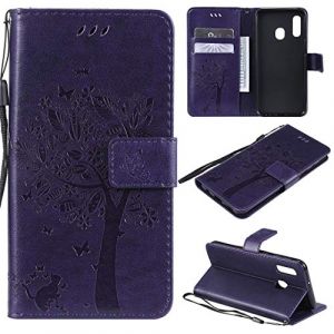SATURCASE Coque pour Samsung Galaxy A20e, Arbre &agrave; Chat PU Cuir Magn&eacute;tique Flip Portefeuille Support Porte-Carte Protecteur Housse &Eacute;tui avec Dragonne pour Samsung Galaxy A20e (MS-Violet) (SATURCASE-EU, neuf)