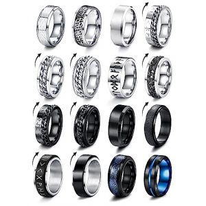 Milacolato 16 PCS Bague Homme Acier Inoxydable Noir Tournante Cha&icirc;ne Rock Bague Vintage Gothique Anneaux en Fiber de Carbone Bagues Dragon Celtique Bleu Mariage Promise Bande Anneau Taille 52-70 (qingtxc, neuf)