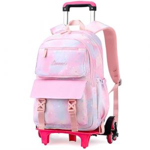 Cadeaux Scolaire Sac à Dos Roulette Filles Trolley Sac Primaire Fille Cartable roulettes Ecolier Cartable Scolaire roulettes Rose 6 Roues 30x18x45CM (Voici et Voila, neuf)