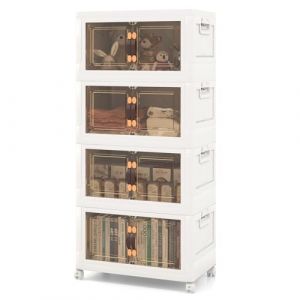 COSTWAY Boîte Rangement Plastique 165L, 4 Caisses de Rangement Pliables avec 4 Roulettes et Couvercles, Boite Empilable pour Vêtement, Livres, Jouets, Poignée, Porte Magnétique, Caisse pour Chambre (FDS GmbH, neuf)