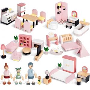 Kit de Meubles de Maison de Poupée en Bois, 36 Meubles avec 4 Poupées Familiales, Accessoires de Maison de Poupée, Jeux de Simulation pour Garçons, Filles et Tout-Petits 3 Ans + (Joyrealtoys, neuf)