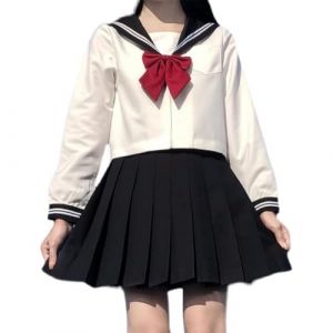 CICCB-DAMOY Tout neuf Uniforme JK de Marin Japonais Classique Uniforme Scolaire Fille Marin Convient aux Filles,Chemise + jupe pliss&eacute;e + noeud papillon rouge (Blanche, XS / 140-150cm) (CICCB, neuf)
