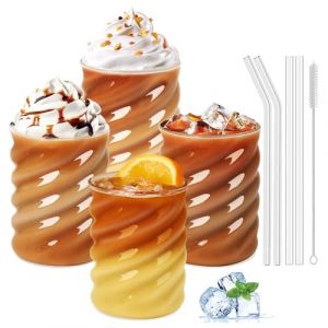 SILRIVES Verre Avec Paille 350 ml 4 Pièces, Set de Verres Latte Avec Paille, Tasse à Café Glacé, Matcha, Mojito,Verre à Bière,Cocktail,MilkShake,Smoothie (NAGICA, neuf)