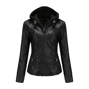 DISSA Veste Blouson De Motard Simili Cuir Synth&eacute;tique Court Femme Blouson &Agrave; capuche Vintage Coupe Ajust&eacute;e Printemps et Automne,PP005,6XL (Fivebee Fashion, neuf)