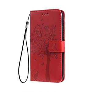 SEAHAI Coque pour Honor X7c / Honor 200 Smart 5G Etui Portefeuille, Joli Rétro Feuilles et Chat Embossée Premium PU Cuir Housse Flip Cover, Étui Antichoc Case, Rouge (Liner-EU, neuf)