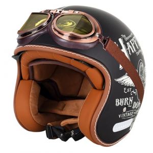 EBAYIN Retro Casque Demi Jet, Casque Jet Vintage, Casque Moto Scooter, Casque Bol Homologué ECE Casque De Protection for Hommes Et Femmes, Casque De Cyclomoteur avec Lunettes(B,L=(59~60cm)) (GAOSHUXIA666, neuf)