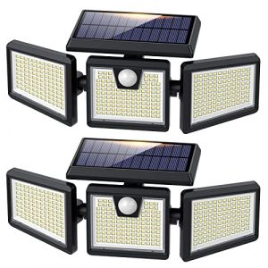 Lampes Solaires Extérieur à Détecteur de Mouvement, 3500LM 341LED Lumières Solaires avec 3 Têtes Réglables, 270° éclairage Grand Angle IP65 Projecteur Solaire éclairage Mural d'extérieur - 2 Pack (SHEN-EU, neuf)