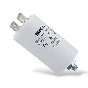DEKAROX Condensateur universel 20 µF 450 V Ø 40 x 70 mm avec cosses enfichables AMP 6,3 mm Vis de fixation M8 CBB60 Condensateur de démarrage et de course pour appareils électroménagers (Dekarox, neuf)