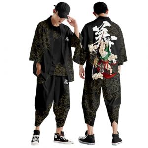 YOSUWOAI Ensemble Kimono Traditionnel Homme Kimono D&eacute;contract&eacute; Yukata Costume Style Japonais Anime Kimono Traditionnel Imprim&eacute; Cardigan Pantalons Ensembles Veste Fine Veste Japonaise En Maille Costume (LDeianp, neuf)