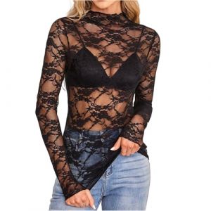 Haut Femme Chic et Elegant Haut Sexy Femme Dentelle Florale Transparent Col Montant Manche Longue Bodysuit Chemisier Dentelle Clubwear Mode D&eacute;contract&eacute; D_Noir, XL (Zawalud, neuf)