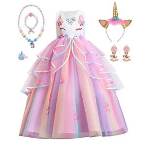 TOLOYE Robe Princesse Fille, Licorne Déguisement avec Collier, Robe Princesse Bébé Enfant, Robe Licorne Enfant de Princesse pour Anniversaire Fête Mariage Halloween Carnaval Cosplay Costume (140) (PrettyGift-FR, neuf)