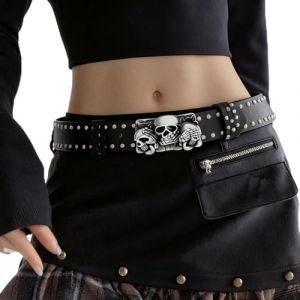 MILAKOO Ceinture en Cuir Punk Y2K Hip Hop &agrave; T&ecirc;te de Mort Grunge Noir R&eacute;glable pour Femme (Baiyu Jewelry, neuf)