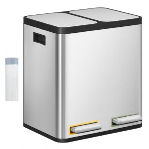 Hzuaneri Poubelle Cuisine, 30L (2 x 15 L), Poubelle Tri Selectif 2, Poubelles Tri avec P&eacute;dales &agrave; code couleur, Ilencieux et retombe lentement, avec 15 Sacs Poubelles, pour Cuisine, Argent SW21599E (Hzuaneri FR, neuf)