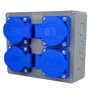 RoadEu Bloc Multiprise Carré IP44 Saillie 4 Prises Françaises 2P+T 230V/16A Boîtier Distribution Pré-câblé Répartiteur Chantier Garage Atelier Compact (RoadEu, neuf)