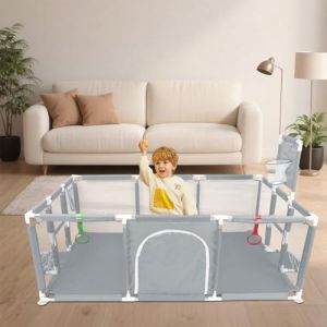 Parc Bebe,XXL Pliable Parc Modulable B&eacute;b&eacute; Avec Barrieres/Filets/Balle Oc&eacute;anique/4 poign&eacute;es,Playpen extra grand pour b&eacute;b&eacute;s et tout-petits,Basketball Rack,Avec 4 Ventouses-180 * 120 * 66cm (Gris fonc&eacute;) (Hechheu, neuf)