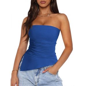 Sukiglam Debardeur Femme &Eacute;l&eacute;gant Bretelles Tube Top &Eacute;t&eacute; Sexy Dos Nu Bustier sans Manches Tunique Haut &Eacute;lastique Slim Fit Y2K Going Out Crop Tops Doux Ruch&eacute; Chemise avec Fente Lat&eacute;rale (Sukiglam Store, neuf)
